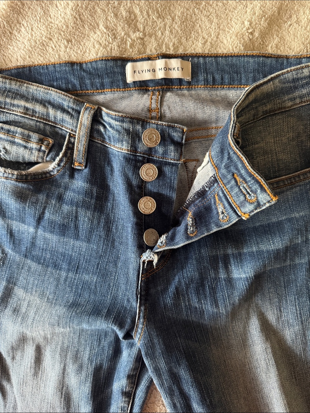 Flying Monkey High-Rise Button-Fly Jeans in Medium Blue Wash